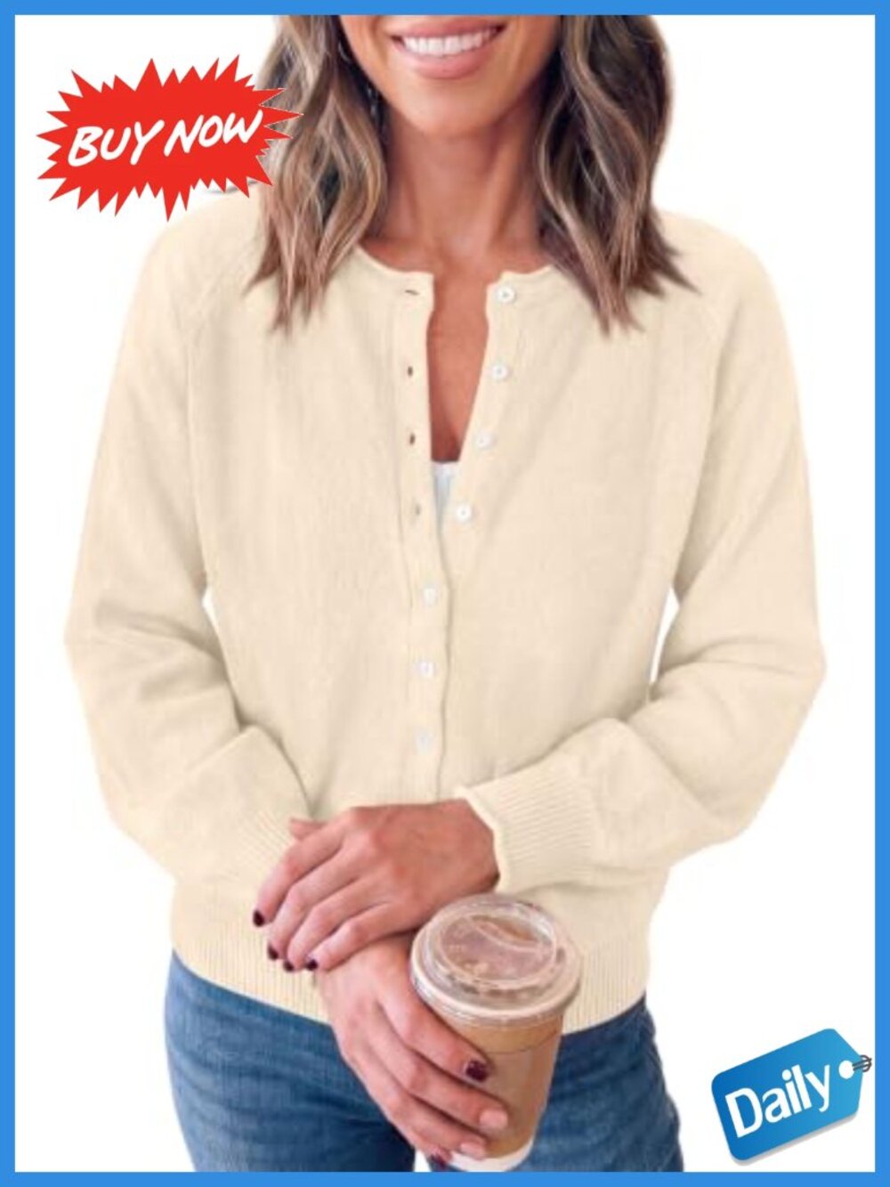 Knit Button Up Cardigan Lightweight Puff Long Sleeve Crew Neck
